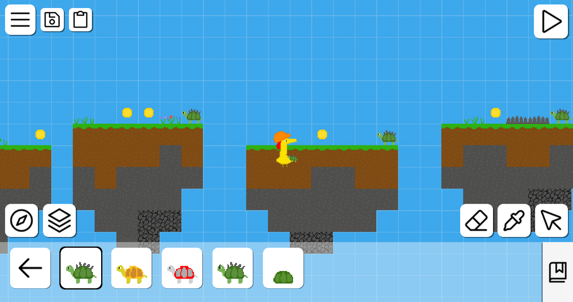 Editing level with turtles on floating islands.
