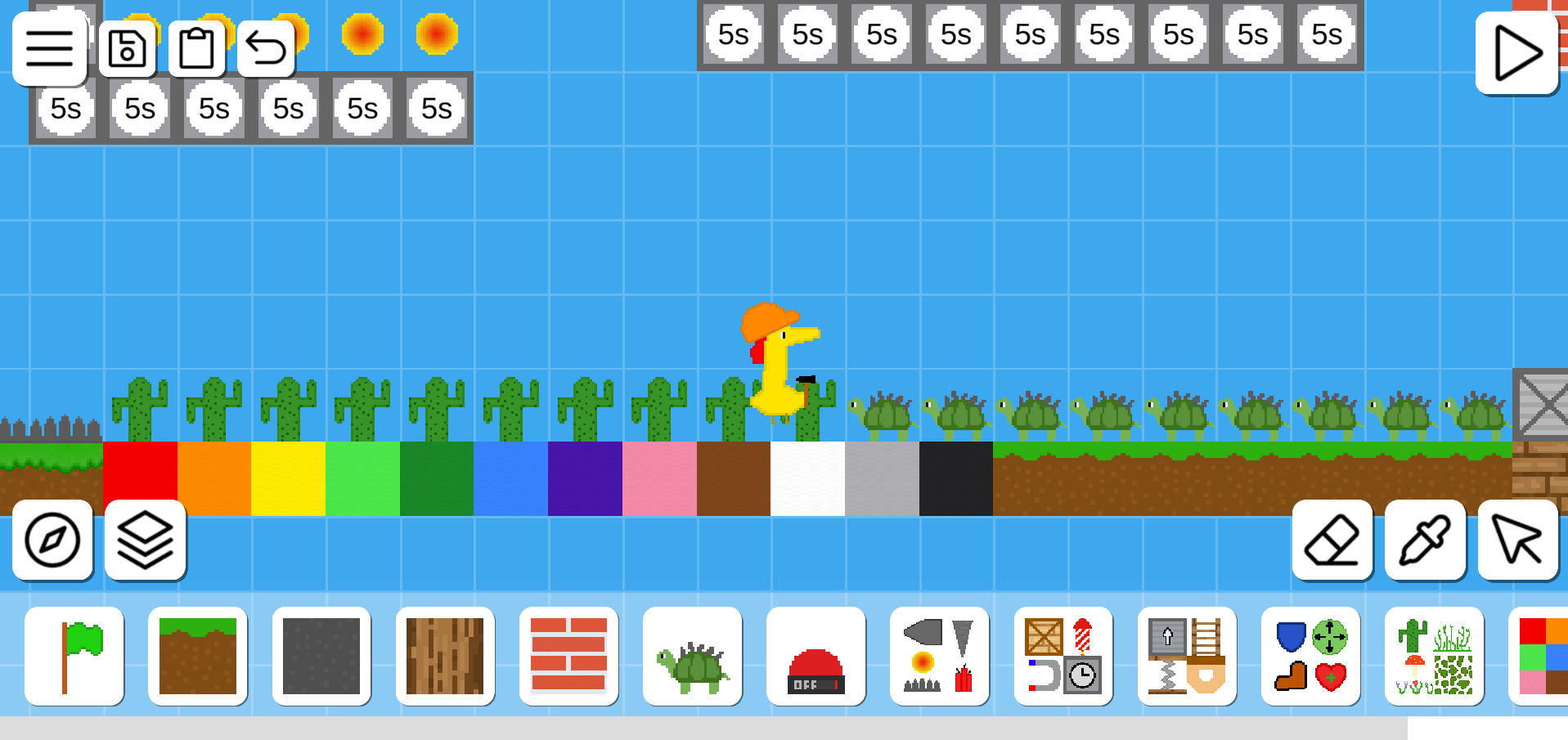 Editing a level with lots of cactus, turtles, and timers.